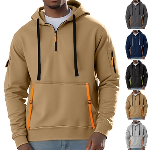 Felpa Con Cappuccio Uomo 1/4 Zip Cargo Multi-Tasche Foderata In Pile Pullover All'aperto Casual Poliestere Top Con Cappuccio