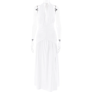 Detail of white halter neck dress with pleated waist design and high side slit