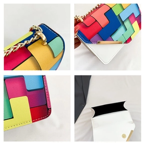 Detailed views of crossbody bag featuring colorful geometric patterns and gold chain strap