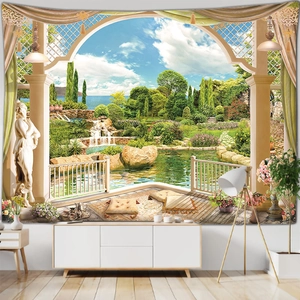 Detail of 3D European balcony forest tapestry wall hanging for living room decor