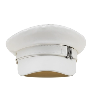 Front view of white faux leather flat-top navy cap with metal M letter and chain detail