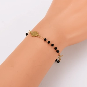 Bracelet vintage en perles d'acier inoxydable avec médaille religieuse et petite croix