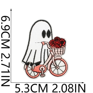 Detailed size measurement of a ghost riding a skateboard embroidered patch for Halloween