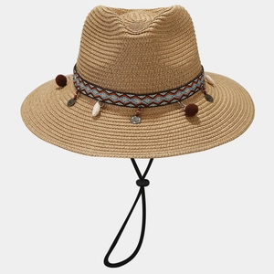 Handwoven straw fedora with bohemian ethnic band and shell charms for beach vacations