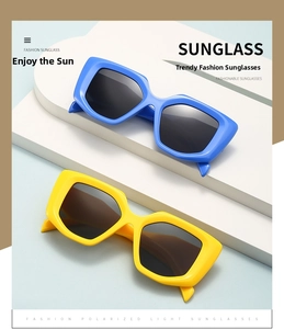 Close-up of polarized geometric sunglasses in bright blue and yellow frames