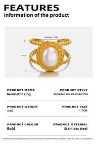 Detail view of gold stainless steel ring with oval pearl inlay and size specifications
