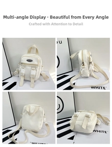 Dettagli di una mini borsa a tracolla in nylon bianco con cerniere multistrato e logo