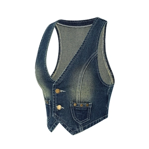 Gilet di denim blu scuro vintage da donna con bottoni in metallo e taglio corto alla moda