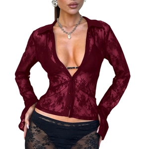 Y2K burgundy lace cardigan with hollow waist design for women on white background