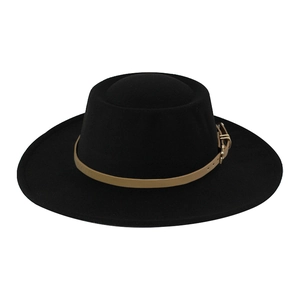 Elegant 9cm wide brim black wool felt fedora with khaki leather band and gold buckle
