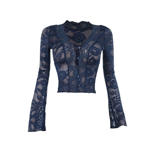 Navy blue lace long sleeve V-neck top with floral sheer fabric and button details