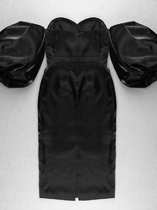 Detail of elegant black satin off-shoulder dress with dramatic puff sleeves and slim waist