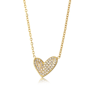 Detail of a gold plated heart pendant necklace with shimmering zircon micro-inlay stones