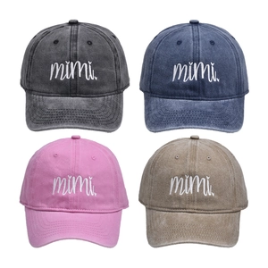Washed cotton baseball caps with mimi embroidery in four colors on white background