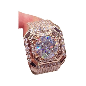 Luxury rose gold square ring with large round center diamond and iced out pave setting