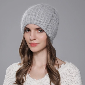 Gray rabbit hair knit beanie with vertical ribbing and silver bead accents for winter