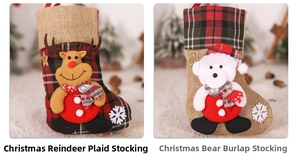 Detail of Christmas stocking gift bags with 3D reindeer and polar bear plush characters