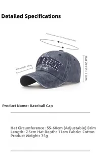Size chart showing adjustable cotton vintage baseball cap measurements in deep gray