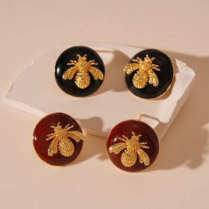Vintage gold plated round bee stud earrings with black and burgundy enamel details
