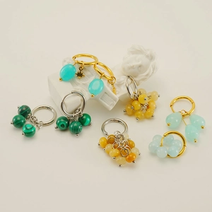 18k gold plated stainless steel hoops with natural malachite and colorful beads set