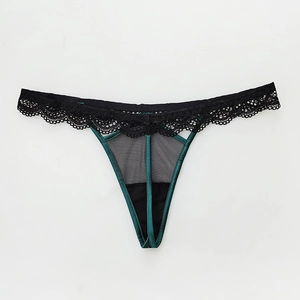 Perizoma sexy in pizzo verde scuro da donna con pizzo floreale nero e design a T in raso