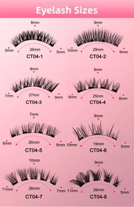 Detailed size chart for 3D magnetic eyelashes showing length and band measurements