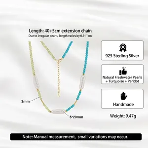 Baroque pearl and turquoise peridot necklace in S925 silver with gold-plated chain