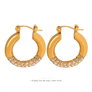 Rhinestone Hoop Earrings Titanium Steel Gold Plated Round Geometric Fashion Jewelry For Women Elegant Sparkling Accessories