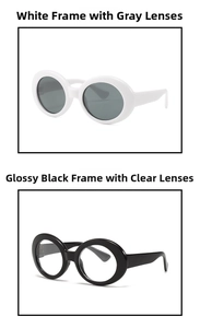 Détail de lunettes ovales pour animaux en monture blanche et monture noire brillante chic