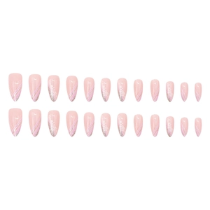Pink almond press-on nails with glitter ombre and diagonal French lines 24pcs set