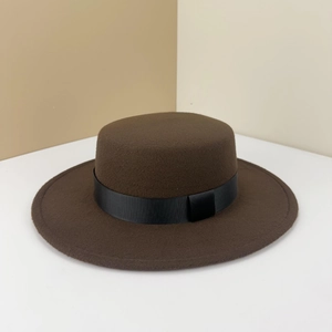 Classic coffee brown flat top wool boater hat with black ribbon band decoration