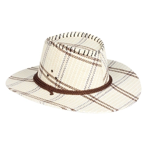 Checkered straw cowboy hat with brown braided trim and wide brim for sun protection
