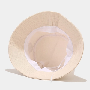 Beige cotton bucket hat featuring internal sweatband and adjustable drawstring