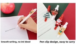 Detailed view of Christmas cartoon gel pens with Santa, reindeer, and tree silicone toppers