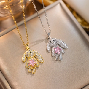 Zirconia bunny necklace with pink star in gold and silver finish for women