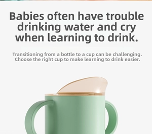 Detailed view of mint green baby learning cup with dual handles and soft spout lid
