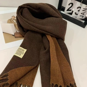 Modern color-block cashmere-feel scarf in brown and camel tones for winter warmth