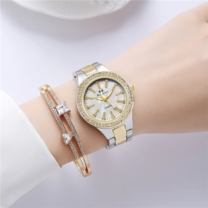 Montre à quartz femme avec cadran marbre, lunette en cristal et bracelets assortis