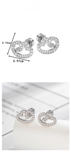 Detail view of silver cloud stud earrings with cubic zirconia and size dimensions