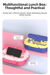 Close-up of insulated lunch box lid with utensil storage and phone holder function