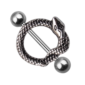 Silver snake nipple ring jewelry with detailed scale texture on white background