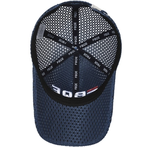 Inside view of navy blue mesh baseball cap with reinforced seams and metal buckle