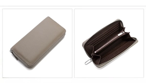 Detail view of taupe litchi grain leather wallet with multi-slot interior and zip closure