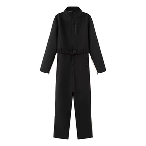 Women's black one-piece ski suit with stand collar and white side stripes for winter