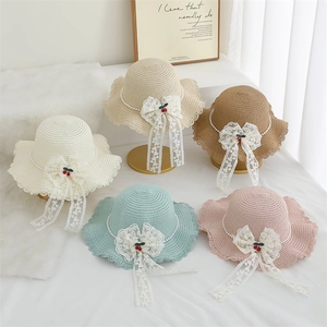 Kids wide brim straw sun hat with pearl trim and lace bow in various colors