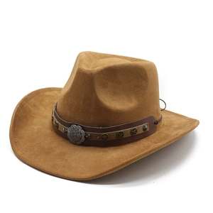 Chapeau De Cowboy Western Daim Large Bord Style Ethnique Rétro Rivets Étoile Métallique Boucle Fleurie Unisexe