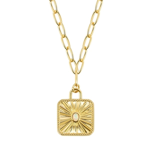 Vintage golden sunburst square pendant necklace with white opal inlay on a chain