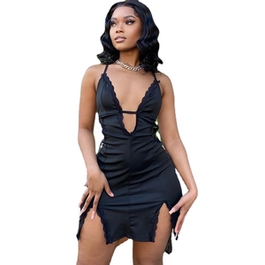 Sexy black bodycon mini dress with lace trim, deep V-neck and high side slits