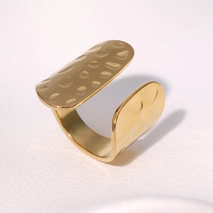 Gold plated stainless steel adjustable ring with handcrafted hammered metal texture
