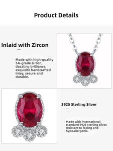 Macro detail of S925 sterling silver necklace with ruby oval stone and 5A cubic zirconia